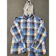 EUC American Eagle Mens M Blue/ Black/Grey Hooded Plaid Flannel Shirt Y2K