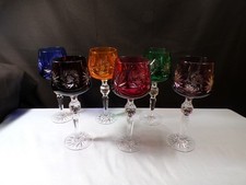 6 Bohemian Cut-to-Clear Crystal Wine Hocks Goblets Green Blue Cranberry Orange