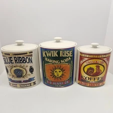 6 Piece-Set of 3 Vintage Grocery Store Labels Ceramic Canisters Roshco