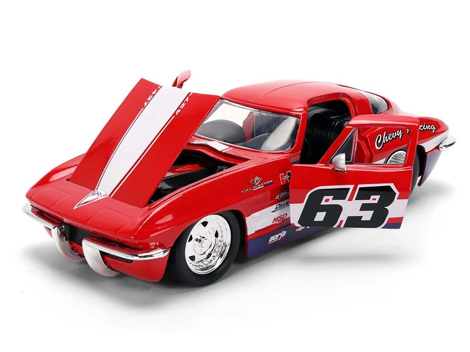 1963 CHEVROLET CORVETTE STINGRAY #63 "CHEVY RACING" RED 1/24 MODEL BY JADA 36594 - Image 3 of 4