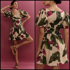 Farm Rio x Anthropologie Anthurium Leaves Dress Size MEDIUM Puff Sleeve Tropical