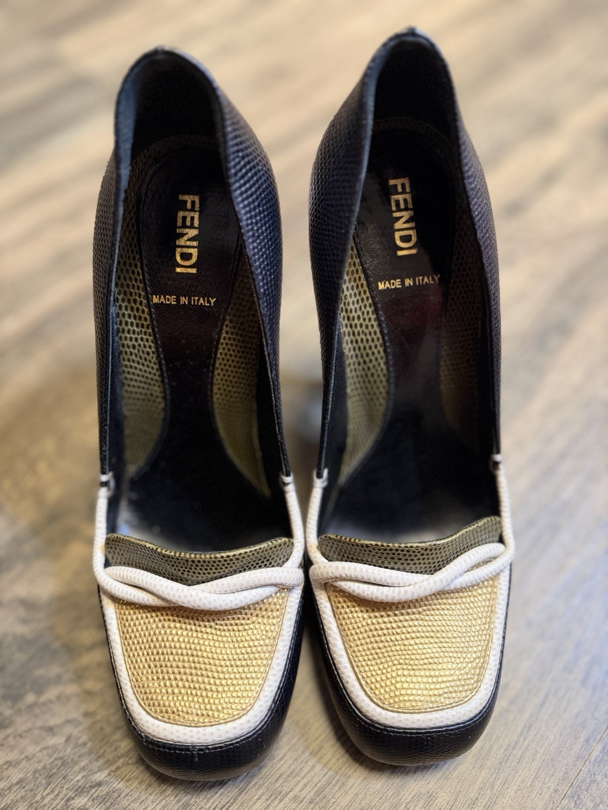 Fendi Women's Heel Lizard Embossed Leather Pumps Back White Yellow thumbnail 6