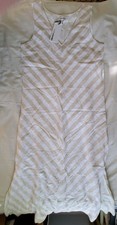 DKNY Womens Sz 10 Tan Striped Linen Blend V-Neck w/ Underlayer at Hem Midi Dress