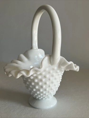 Vintage Fenton Hobnail Milk Glass Mini Basket 6" x 4.5" Crimped Edge