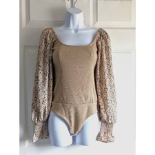 Promesa Ribbed Floral Puff Sleeve Bodysuit - Tan / Floral Size Small 