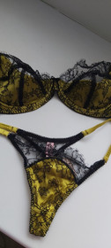 AGENT PROVOCATEUR RARE BLACK/MUSTARD LEISA BRA 34D OR 34DD & THONG 3 MEDIUM NWT