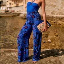 Sezane Paris Tyler Floral High Rise Wide Leg Trouser Pants Blue Size 34 / US 2