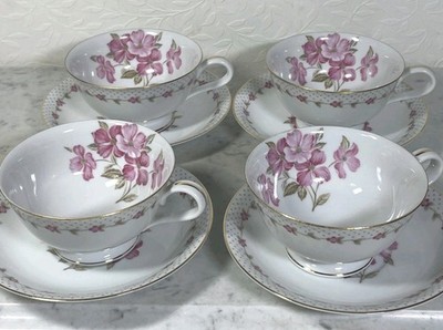 NORITAKE Elaine TEA CUP & SAUCER SET Of 4 Pink Flowers Gold Trim Cottage Core