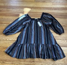 Outerknown Boho Miro Striped Dress Square Neck Cotton Puff Sleeve Size XS NWT