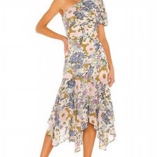 NEW ASTR The Label SANTORINI Chiffon FLORAL Puffy ONE SHOULDER Midi DRESS Sz S