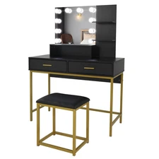 Large Vanity Set with Lights & Stool Black Makeup Desk with Mirror Drawers