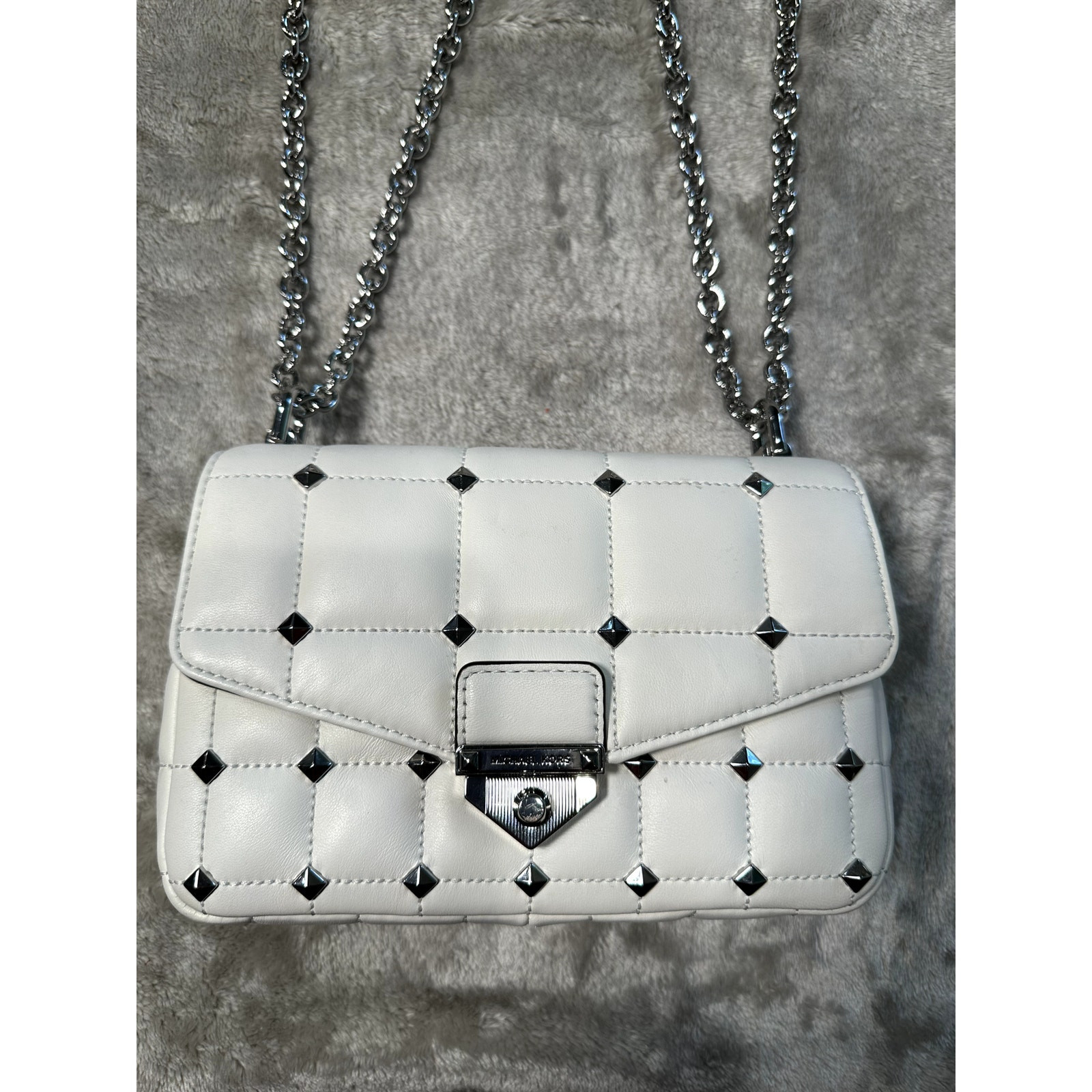 Michael Kors SoHo White Quilted Leather Shoulder Bag with Silver Studs and Chain