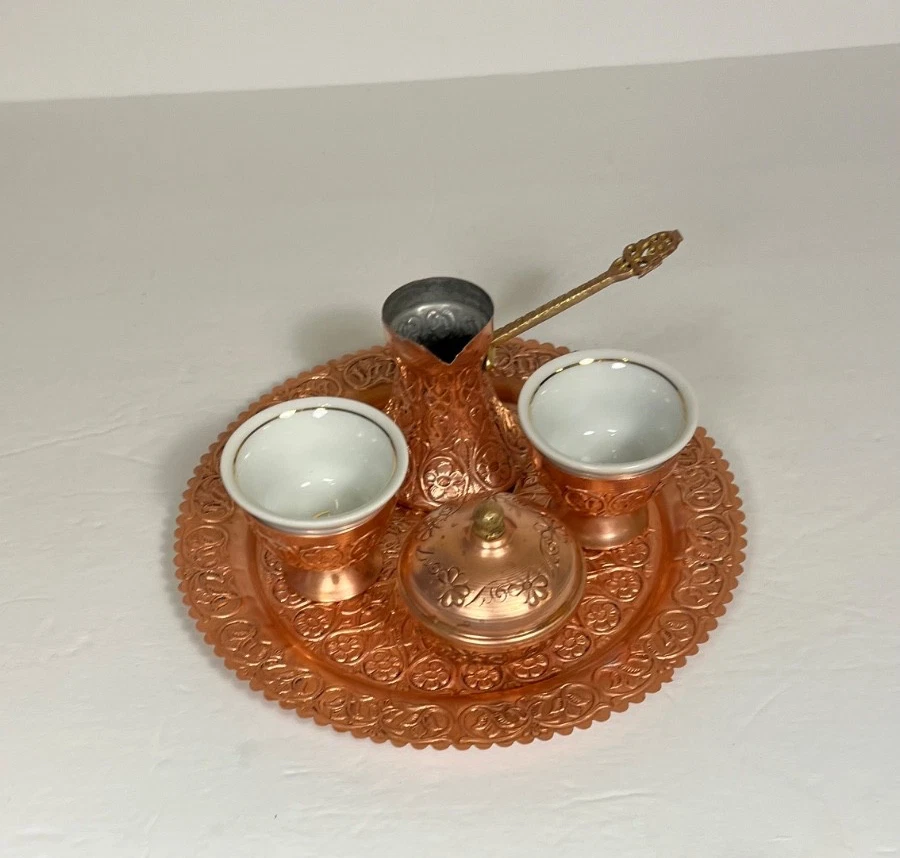 COPPER & BRASS ISLAMIC CAIROWARE LIDDED 5 PC. COFFEE POT Bosnian Vintage Tea Set - Image 4 of 4