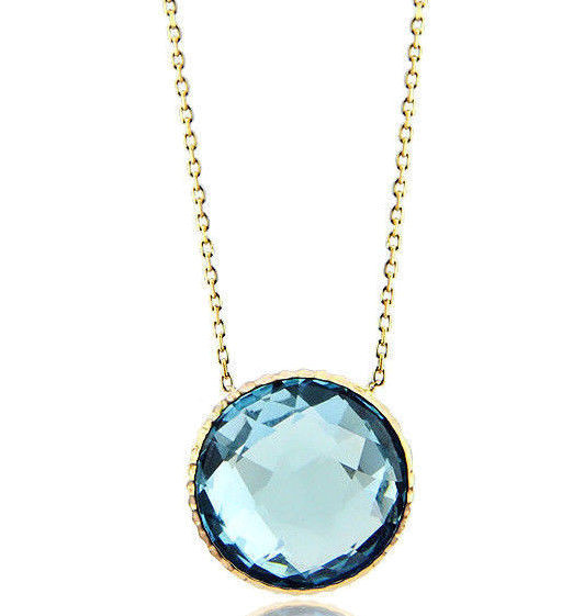 14K Yellow Gold Handmade Solitaire Necklace With A Blue Topaz Gemstone 18 Inch