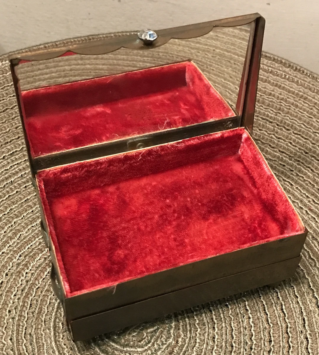 Vintage Brass Toned Travel Jewelry Box Red Velvet Lining Hinged Footed