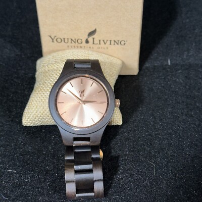 YL Promo Wrist Watch Sandalwood Band Dark Stain & Rose Gold Tone Face PreO As Is