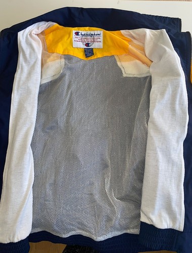 Champion Vintage Blue Yellow Nylon Jacket Zip Up Pockets Mesh Lining Mens Large - Picture 7 of 9