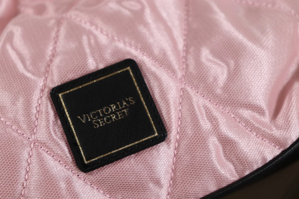 VICTORIA'S SECRET QUILTED DRAWSTRING POUCH BAG PINK BLACK 9X8" - Image 4 of 4