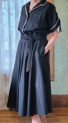 navy blue shirtwaist dress Vtg Expertly Handmade Navy Blue Rockabilly Shirtwaist Dress Sz.  Lg-Pockets-Trim