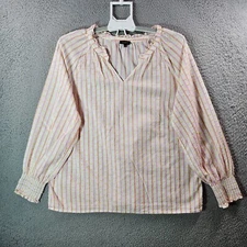 Talbots Tunic Top Blouse Women large Ruffle Neck White Red Striped Preppy