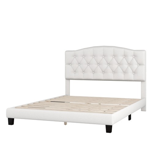 Queen Size Elegant Upholstered Linen Platform Bed Frame with Curved Headboard,US - Picture 7 of 9