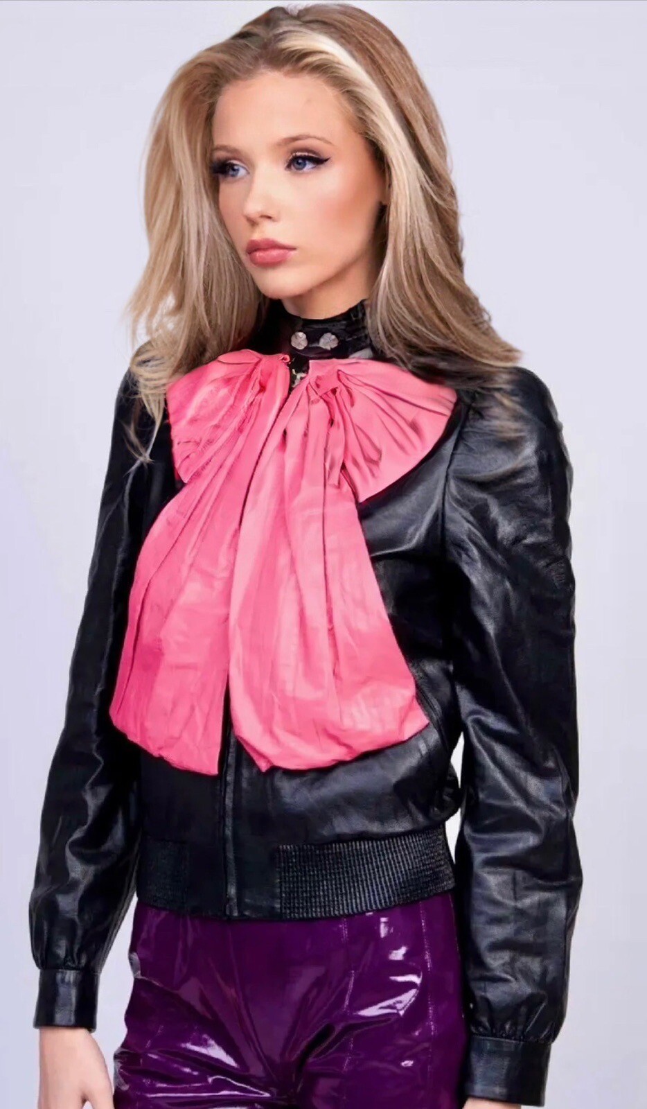 5K New Gucci 2017 Black Leather Bomber Jacket 38 40 2 4 Coat Pink Bow Top S M image 3