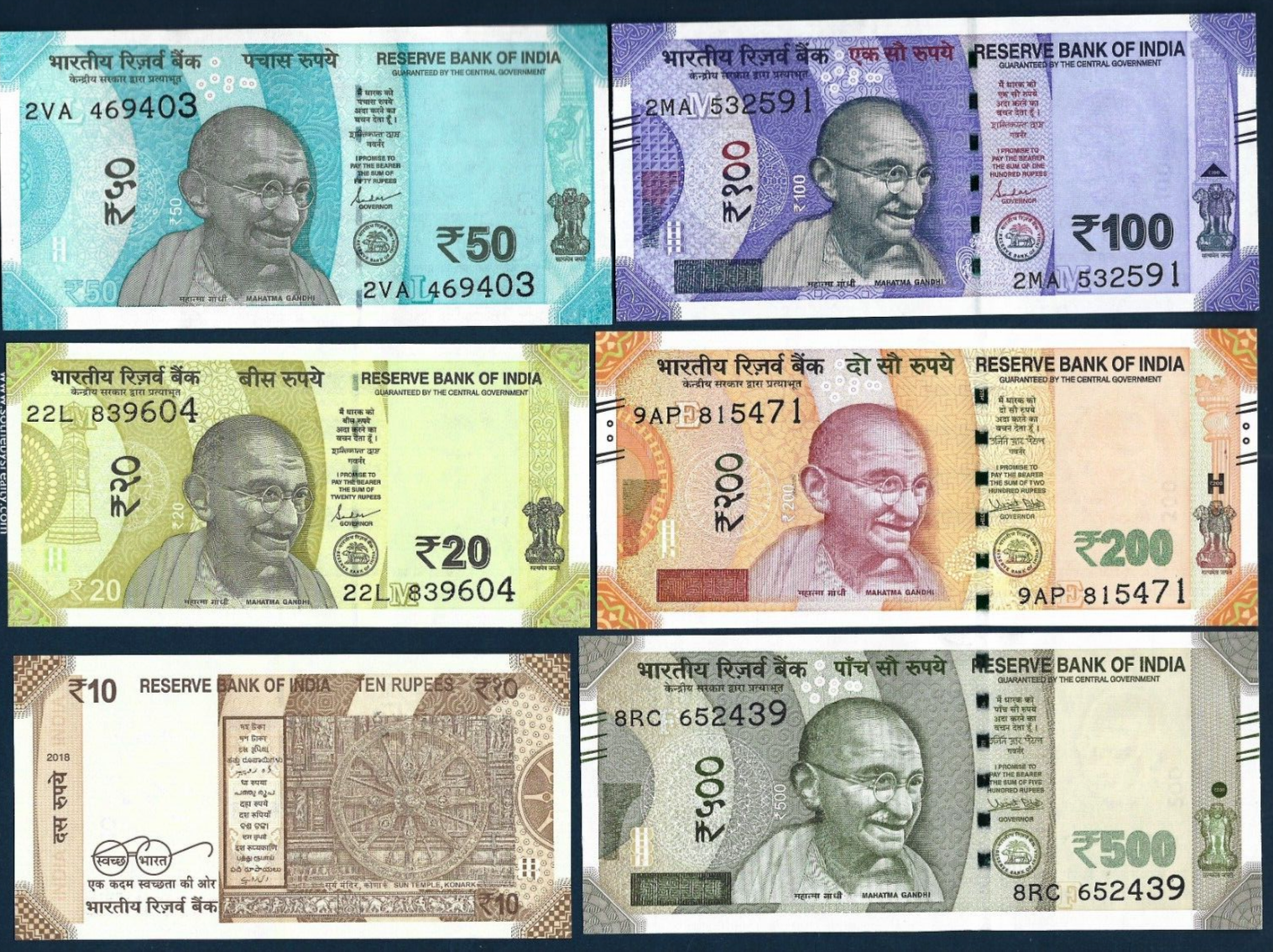 India 10 20 50 100 200 500 RUPEE 2018-2027 P109 110 111 112 113 114 UNC ...