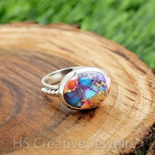 Kingman Pink Dahlia Turquoise 925 Sterling Silver Handmade Ring for Women