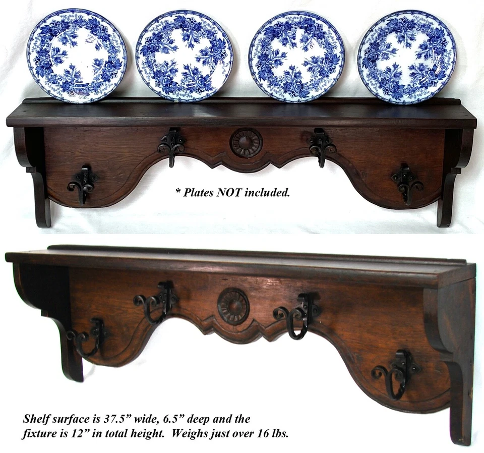 Large Antique Victorian Era 37.5" Oak Wall Shelf, Wrought Iron Hat or Coat Hooks - Image 3 of 4