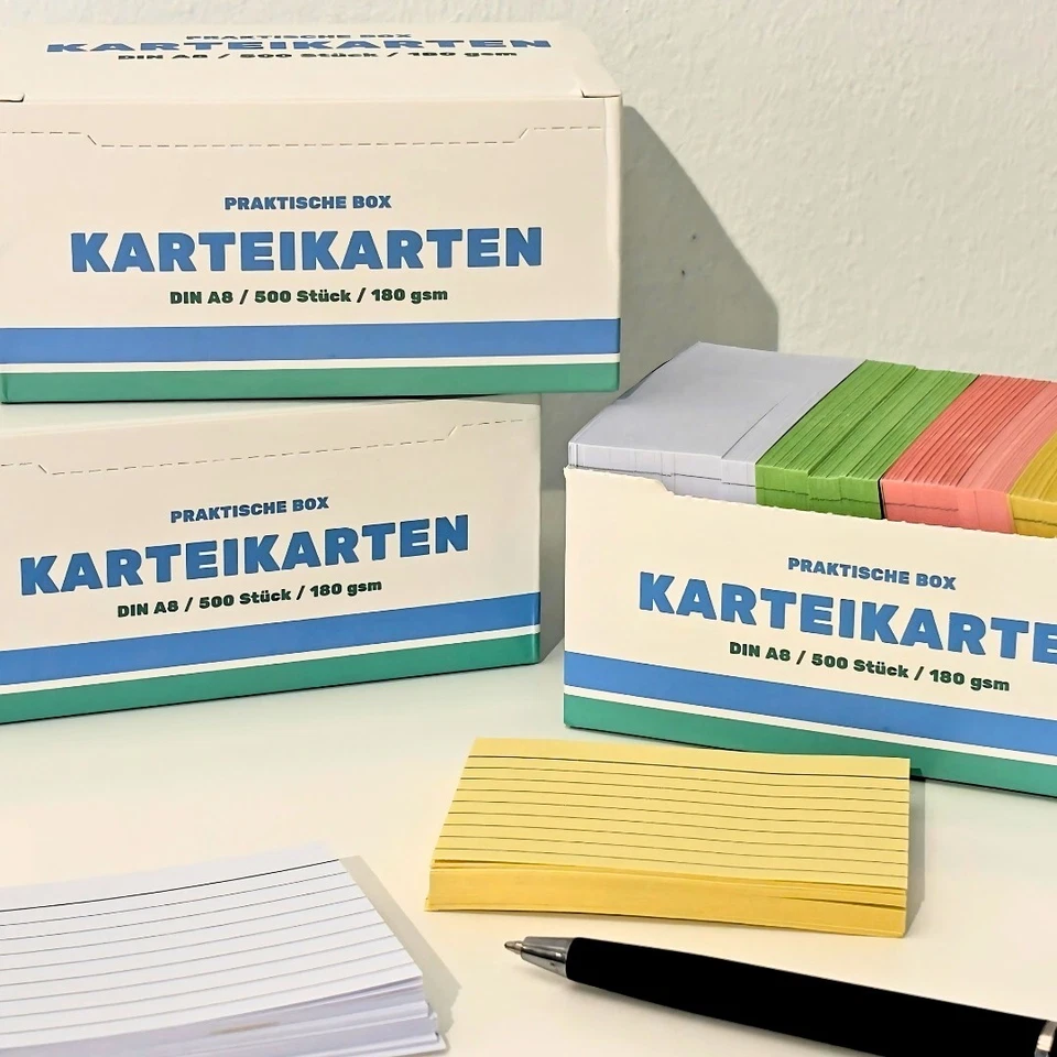 Karteikarten A8 liniert – 500 bunte Lernkarten in praktischer Box (5,2 x 7,4 cm) - Bild 4 von 4