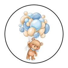 30 TEDDY BEAR AND BALLOONS BABY SHOWER STICKERS ENVELOPE SEALS LABELS 1.5" Blue