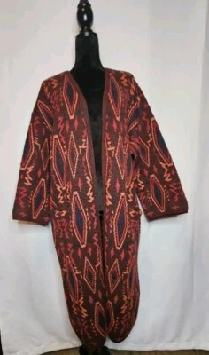 Willow & Clay Jacquard Long Cardigan Burgundy Aztec Southwestern Tribal Sweater - Image 1 of 4