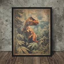 Vintage CANNABIS DINOSAUR 420 Wall Art, Jurassic Marijuana Pothead Dino Decor