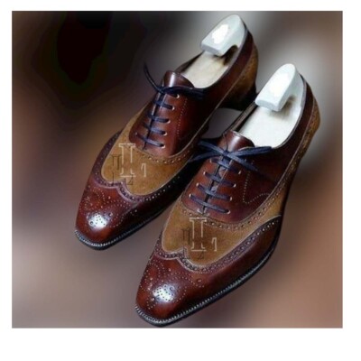 Two-Tone Beige Suede and Brown Leather Wingtip Derby Shoes Handmade Men main image 2