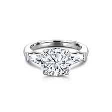 Tapered Baguette Accents Trilogy Ring 2ct Round Cut Moissanite White Gold Plated