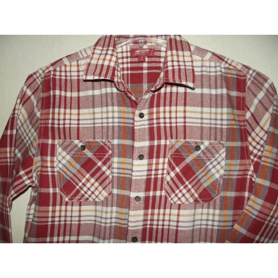 Camisa de franela Arizona Jean Co para hombre talla mediana roja blanca dorada a cuadros con botones Foto 2 de 4