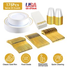 175Pcs Disposable Gold Dinnerware Rim Plastic Plates Cups Fork Spoon Knife Set