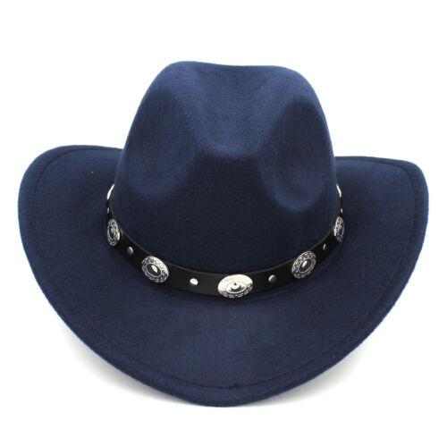 Boys Girls Hat Kids Wide Brim Cowgirl Cap Wool Blend Leather Band - Picture 9 of 42