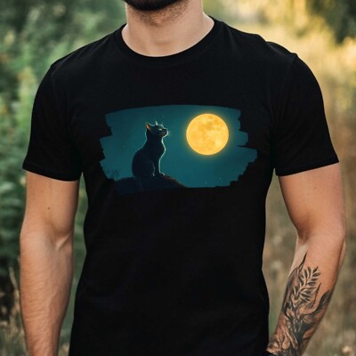 Herren T-Shirt Katze und Mond Motiv Baumwolle Größe XS bis 5XL