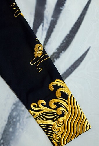 Mens Casual Long Sleeves Shirt Japanese Pattern Embroidery Crane Wave Black - Picture 11 of 12