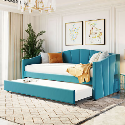 #ad Upholstered Daybed Sofa Bed Twin Size With Trundle Bed and Wood Slat Blue $493.90