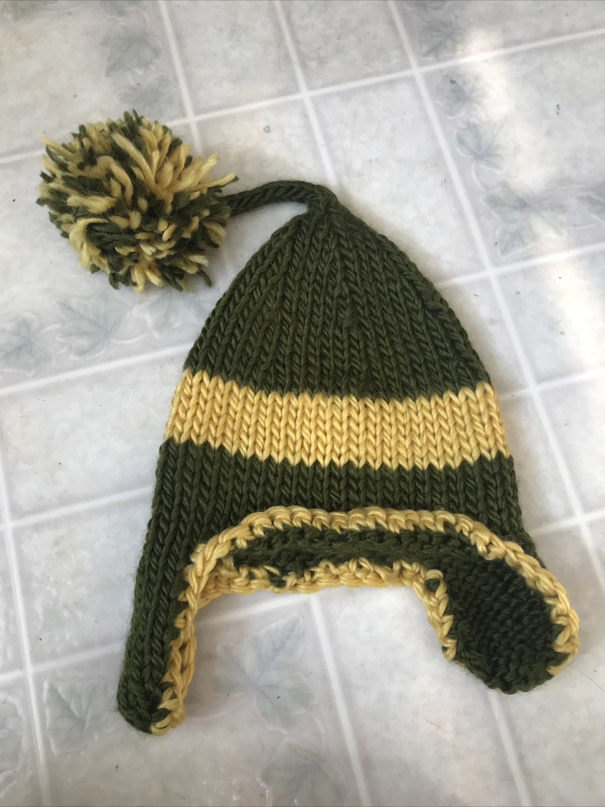Child Ear Flap Hat Green & Gold Pom Pom Medium Weight six months - 2 years Size