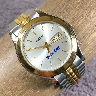 #ad Vtg Pulsar Monroe Men V733 X001 Formal Silver Dial Two Tone Quartz Watch 7 1 2quot; $19.97