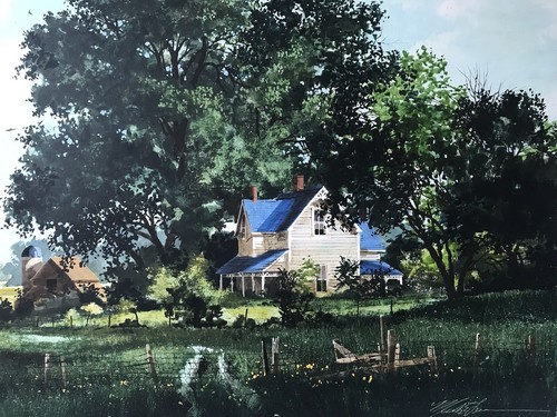Magnificent Watercolor Painting Signed Illegible Farmhouse Blue Roof Landscape - 第 4/12 張圖片