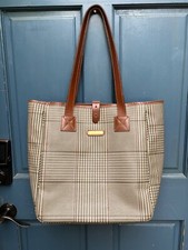 Vintage Polo Ralph Lauren Beige Brown Plaid Leather Trim Canvas Tote Bag Purse