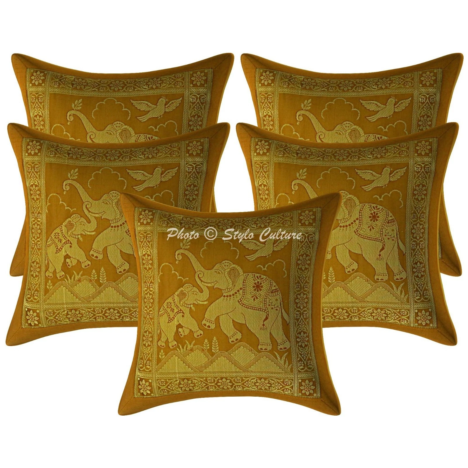 Indian Throw Pillow Covers 12x12 Brocade Brown Elephant Home Decor Pillowcases