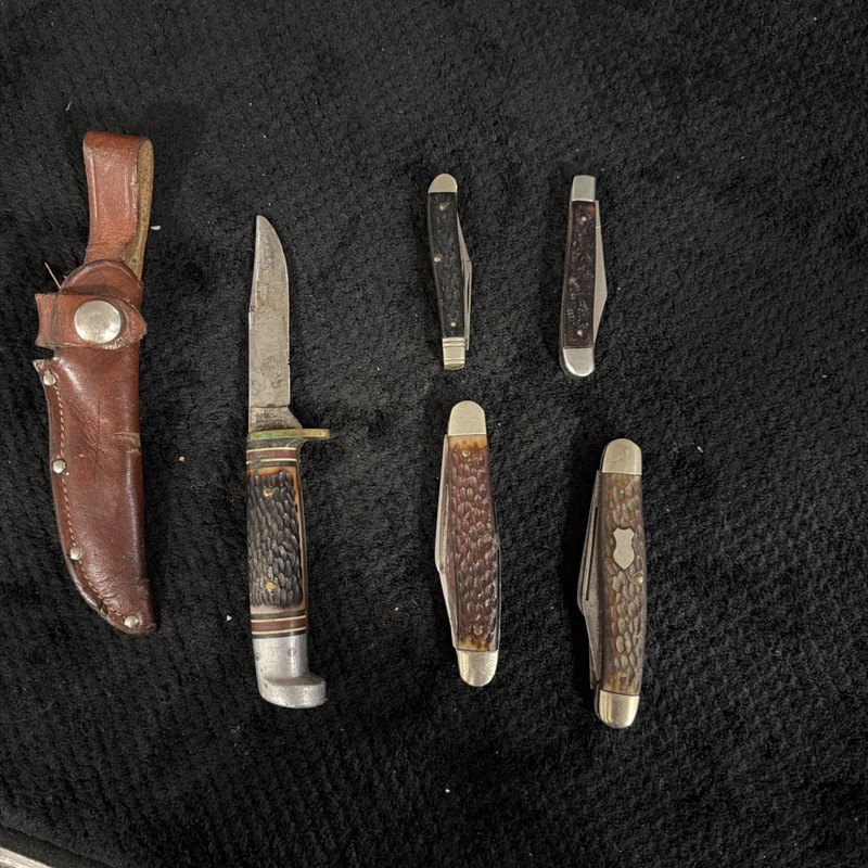 Lof of 5 VINTAGE Schrade pocket knives, multi blades, Boy Scouts If America