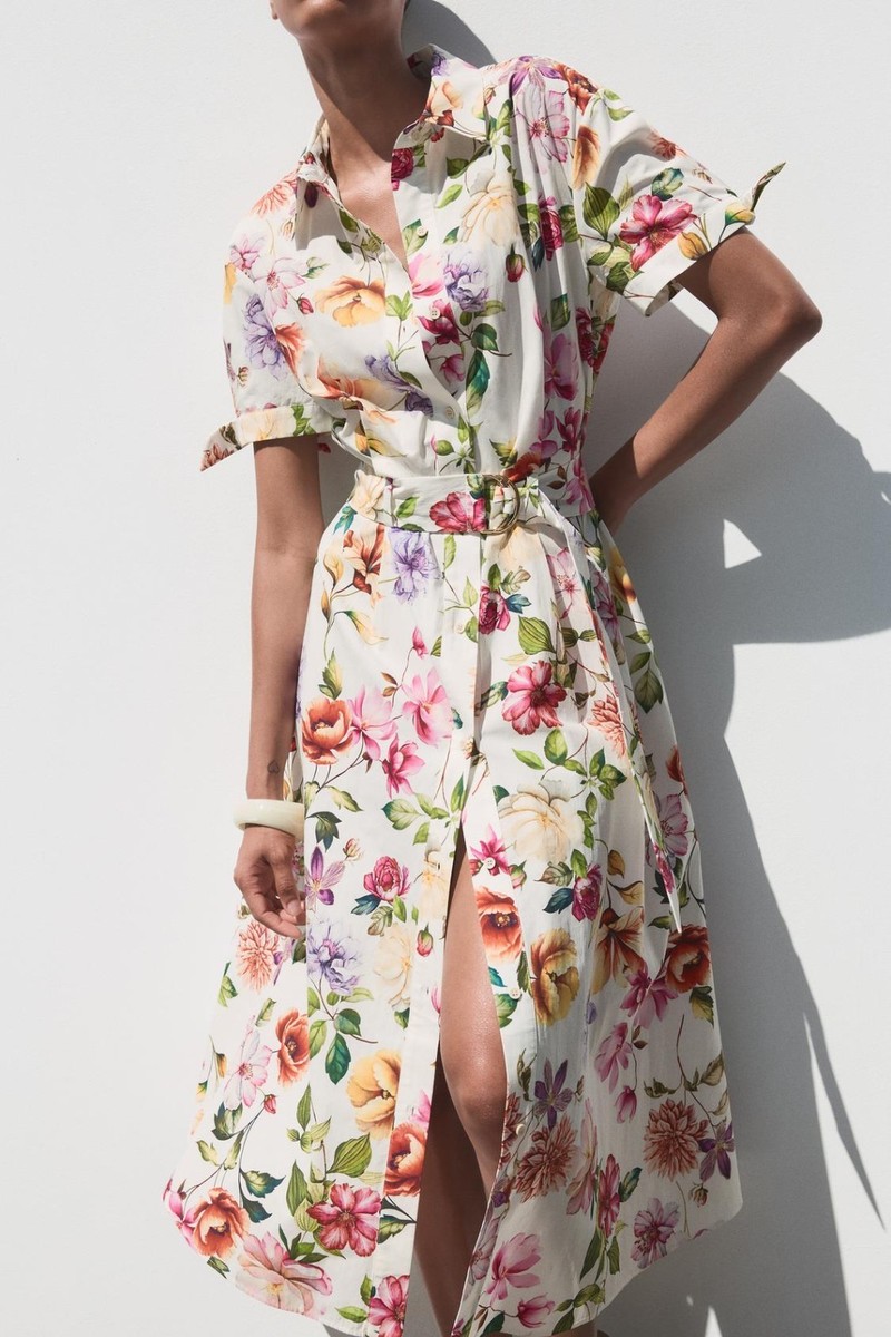 新品未開封　and DIAS ZARA NEW WOMAN SS25 BELTED FLORAL PRINTED POPLIN MIDI DRESS