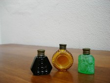 VINTAGE CZECH 3 SMALL  GLEASS PERFUME BOTTLES  AMBER / BLACK AND EMBOSSED GREEN