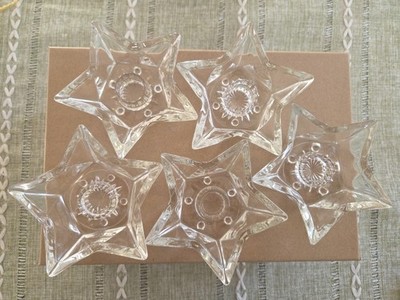 5 Vtg Glass Star Shaped Taper Candle Holders Clear 5 points 4in